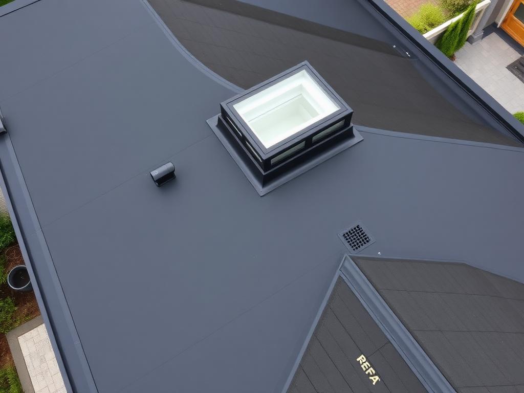 Overhead view of a low-slope membrane roof with a skylight curb and roof drain