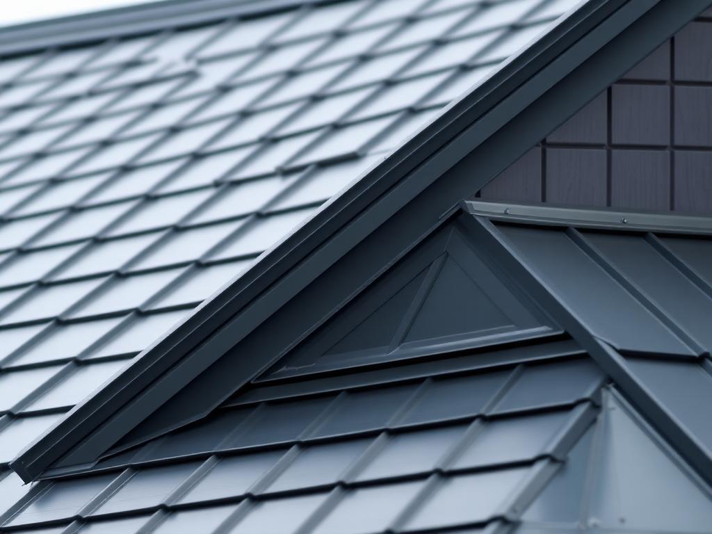 Detail of dark standing-seam metal roofing panels and ridge flashing