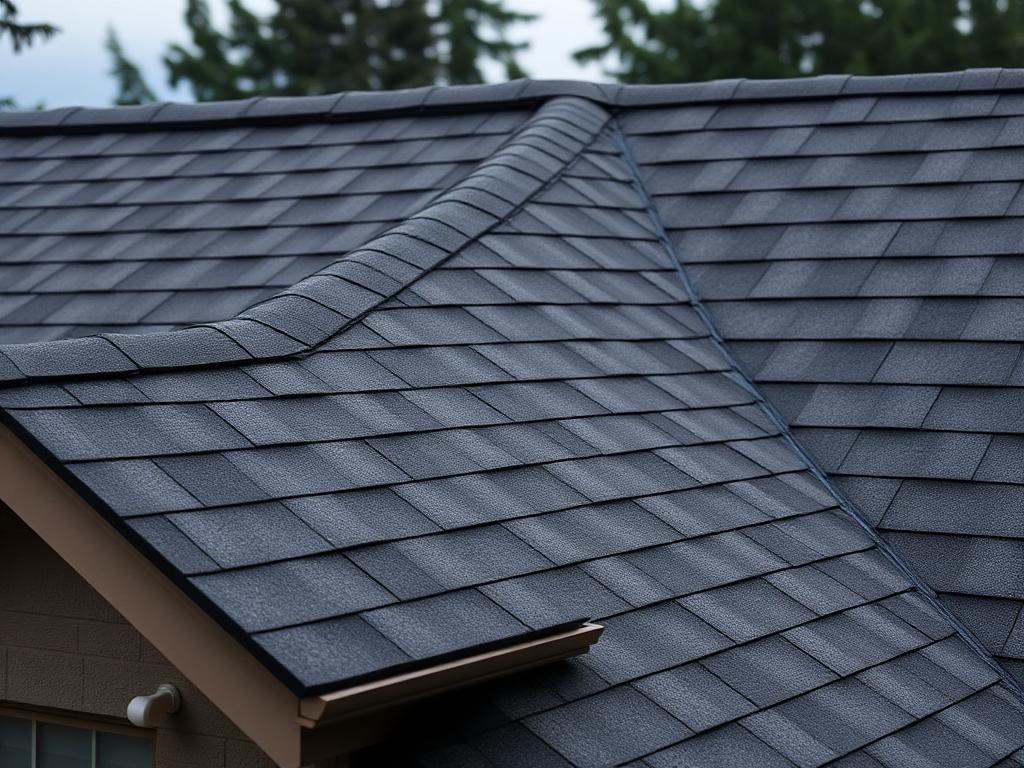 Close view of charcoal architectural asphalt shingles on a steep residential roof plane