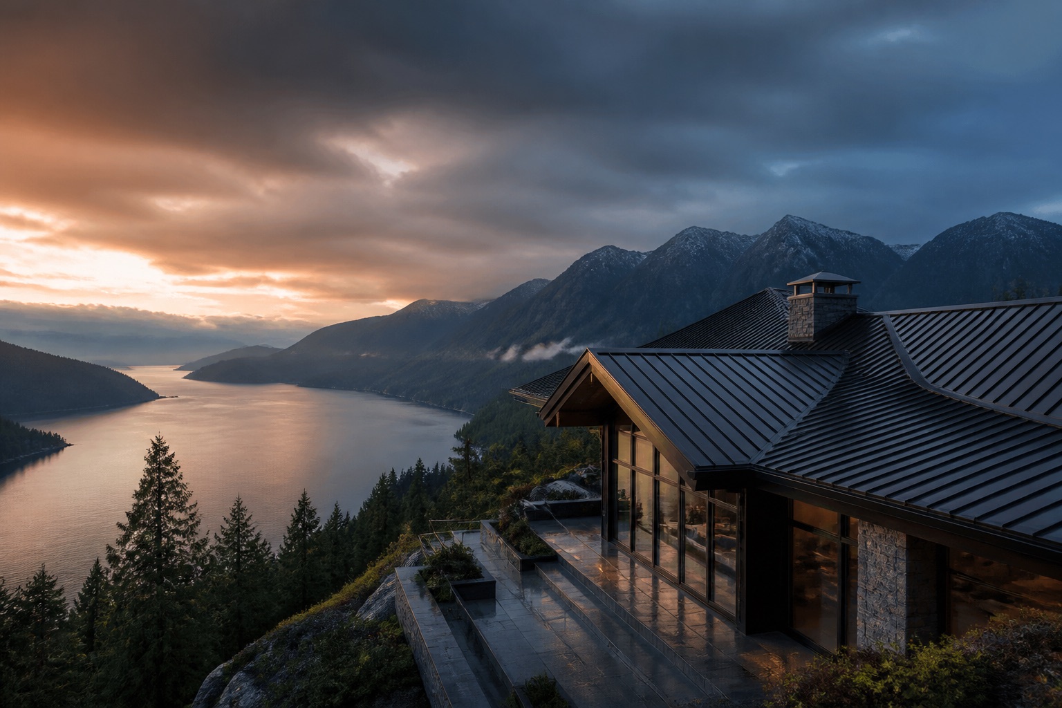 Aspirational British Columbia property with mountain-ready premium roofing