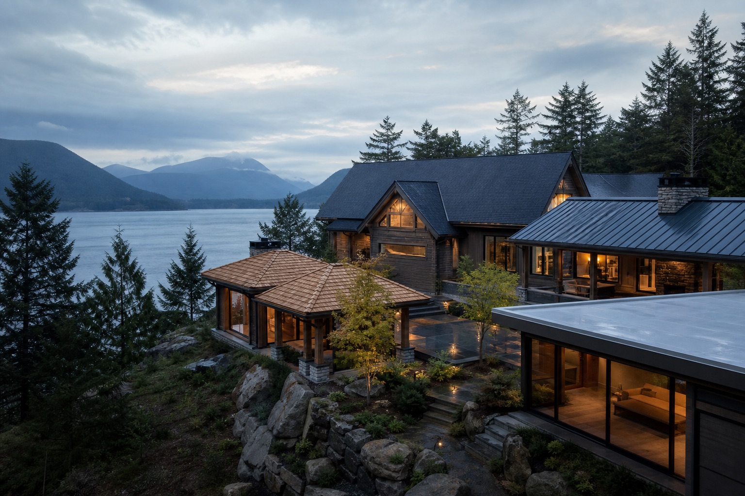 Aspirational luxury architecture displaying several premium roof systems