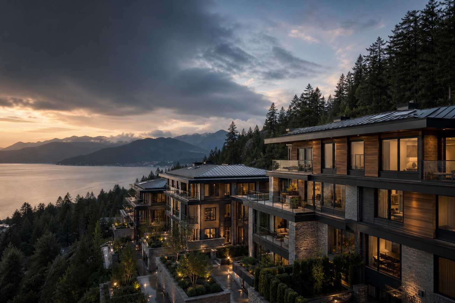 Aspirational luxury strata community with a coordinated roofing design