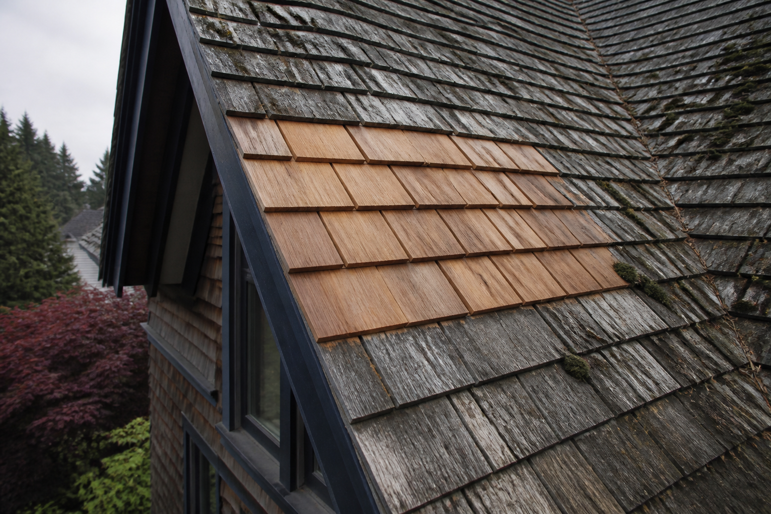New cedar shakes woven into a weathered silver-gray cedar roof field with proper coursing