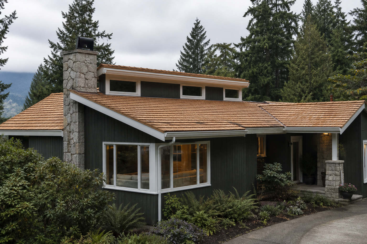 West Vancouver home with a complete new warm-tone cedar shake roof under overcast light