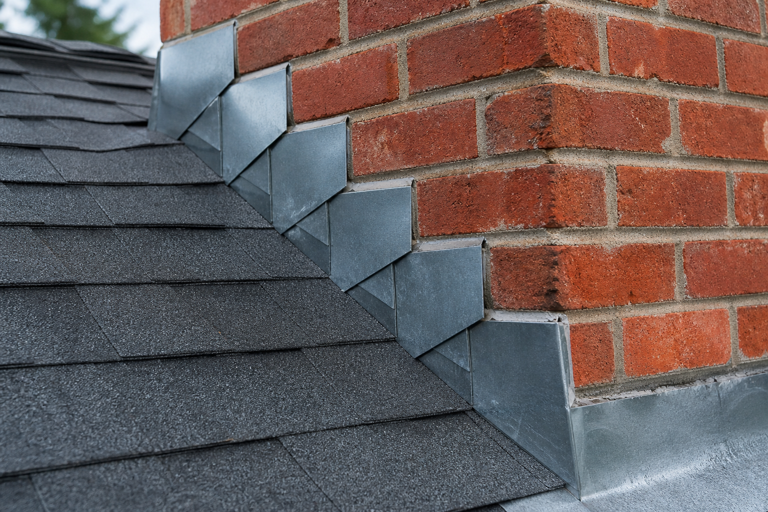 Brick chimney step flashing and counter-flashing layered correctly with asphalt shingles