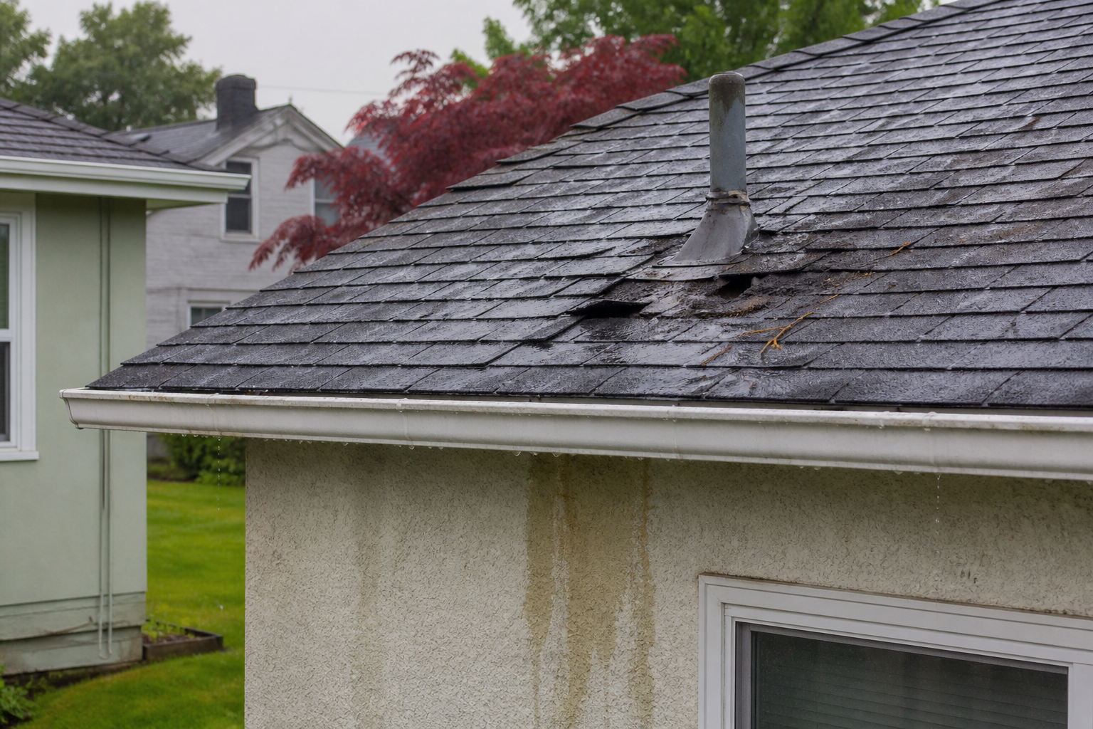 Wet asphalt shingles and stained stucco wall below a failed plumbing vent boot after rain on a Metro Vancouver bungalow