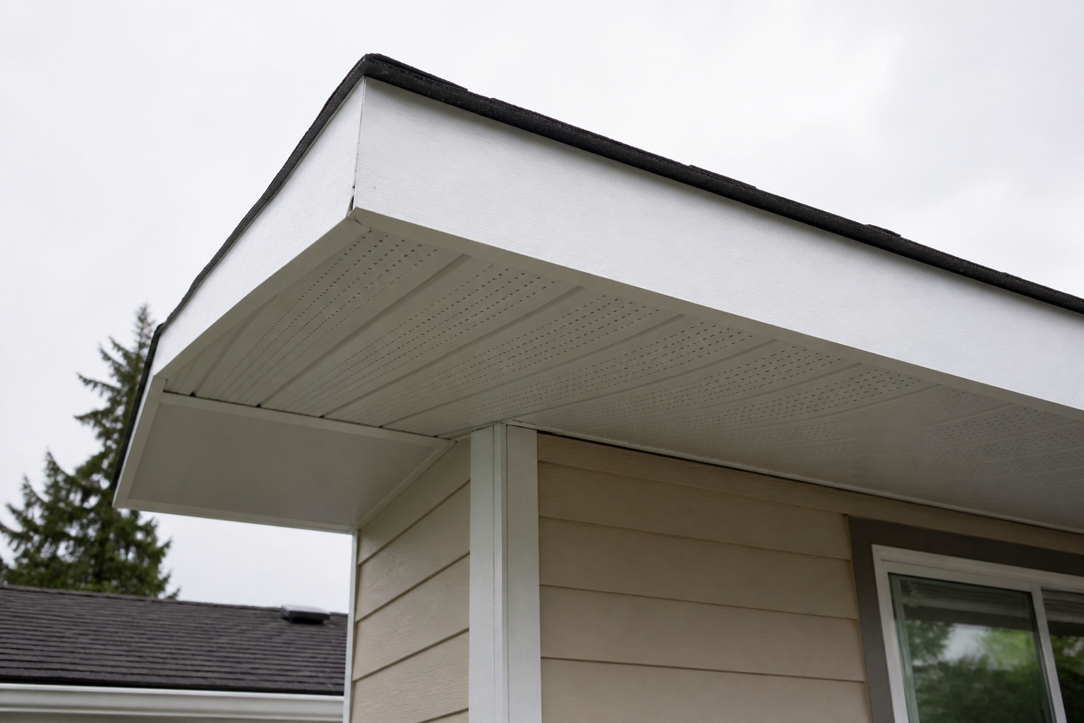New white fascia board and perforated soffit panels under a dark asphalt shingle overhang