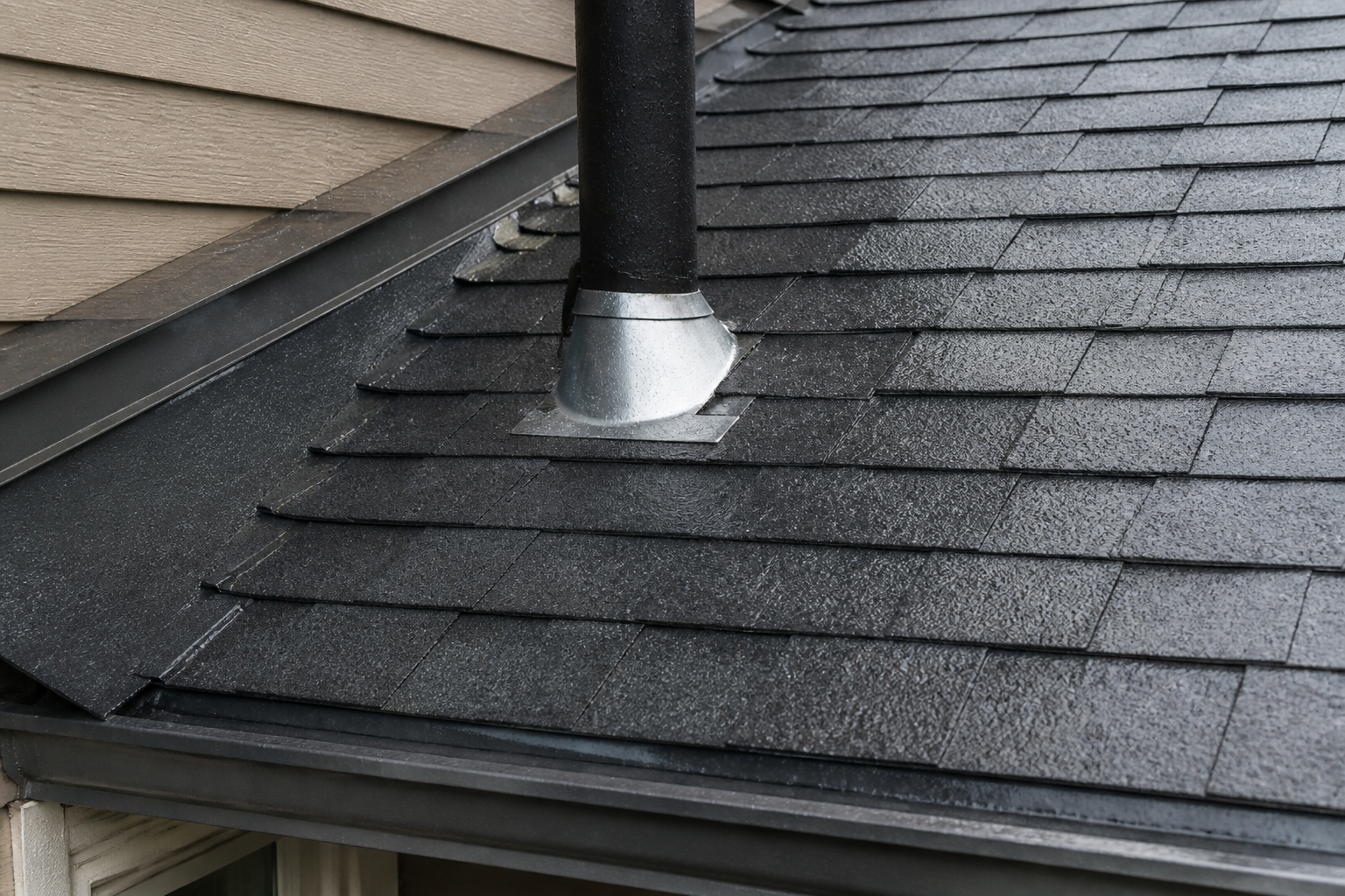 Galvanized pipe boot and step flashing integrated into dark architectural shingles at a roof penetration