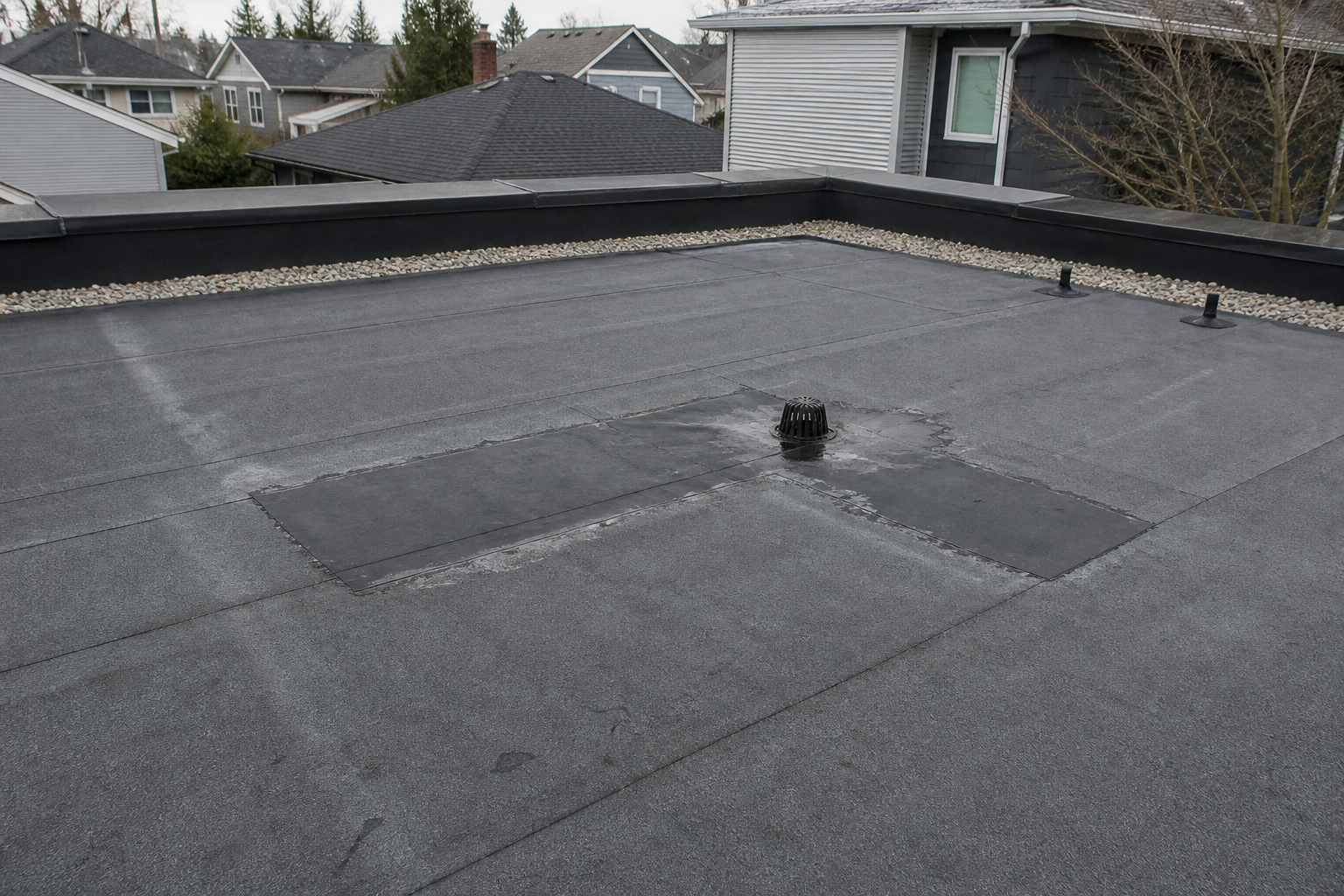 Low-slope SBS membrane roof with a freshly repaired seam near a roof drain