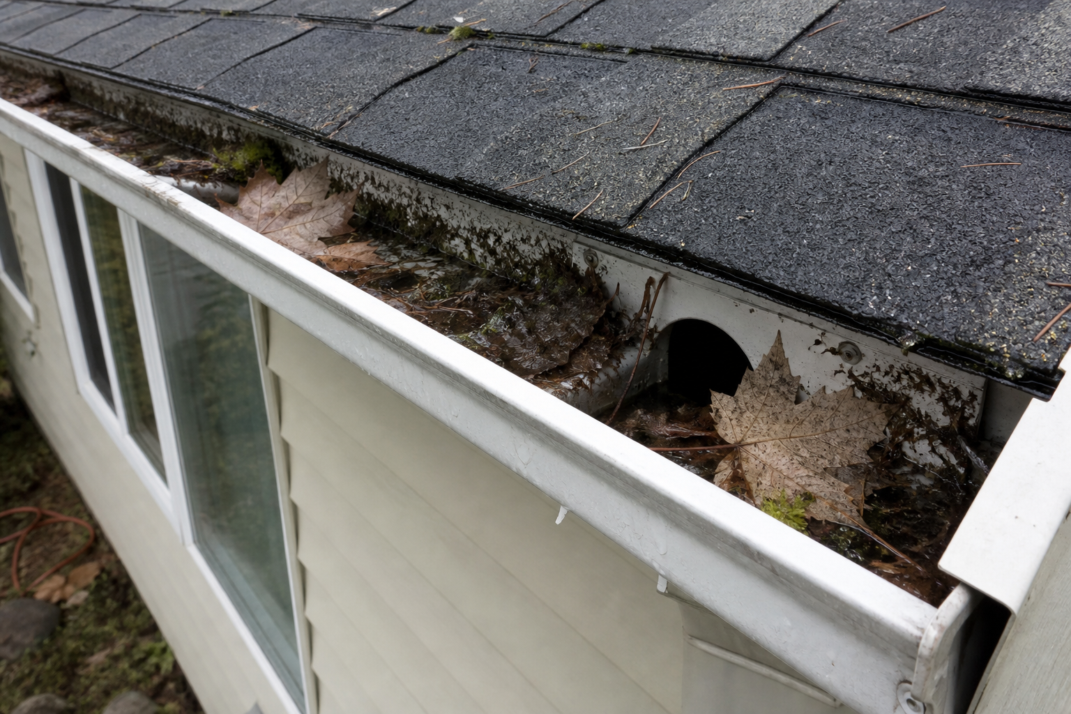 White K-style gutter clogged with wet maple leaves and moss above a downspout inlet