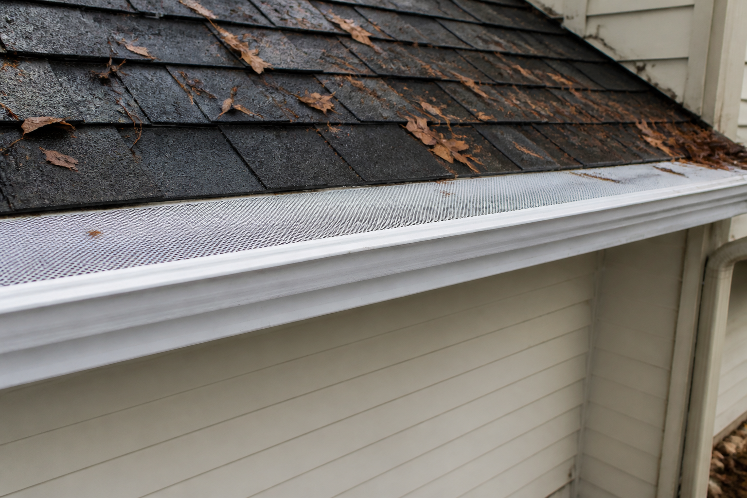 Micro-mesh gutter guard fitted over a white aluminum gutter beneath dark asphalt shingles