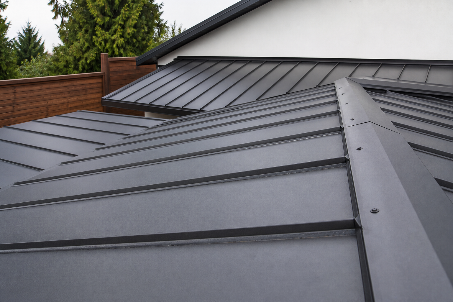 Dark standing-seam metal roof panels and ridge detail on a residential hillside home
