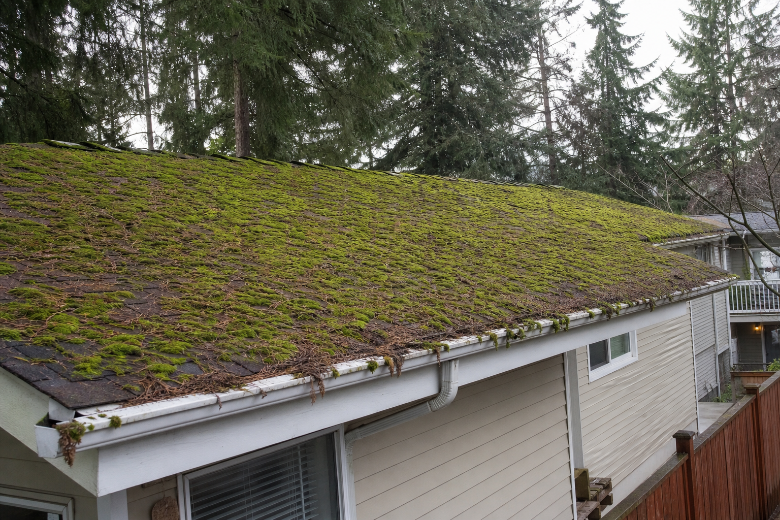 Thick green moss covering the north slope of an aged asphalt shingle roof on a Coquitlam home
