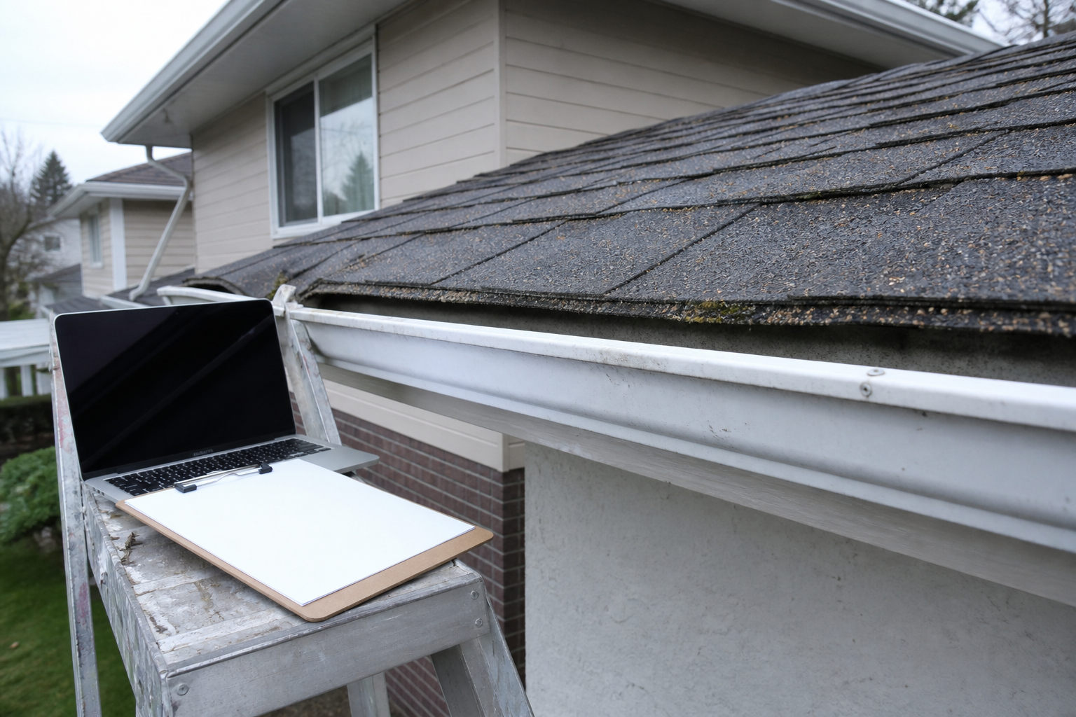 Ladder at the eave of a suburban home with clipboard and laptop ready for a roof condition assessment