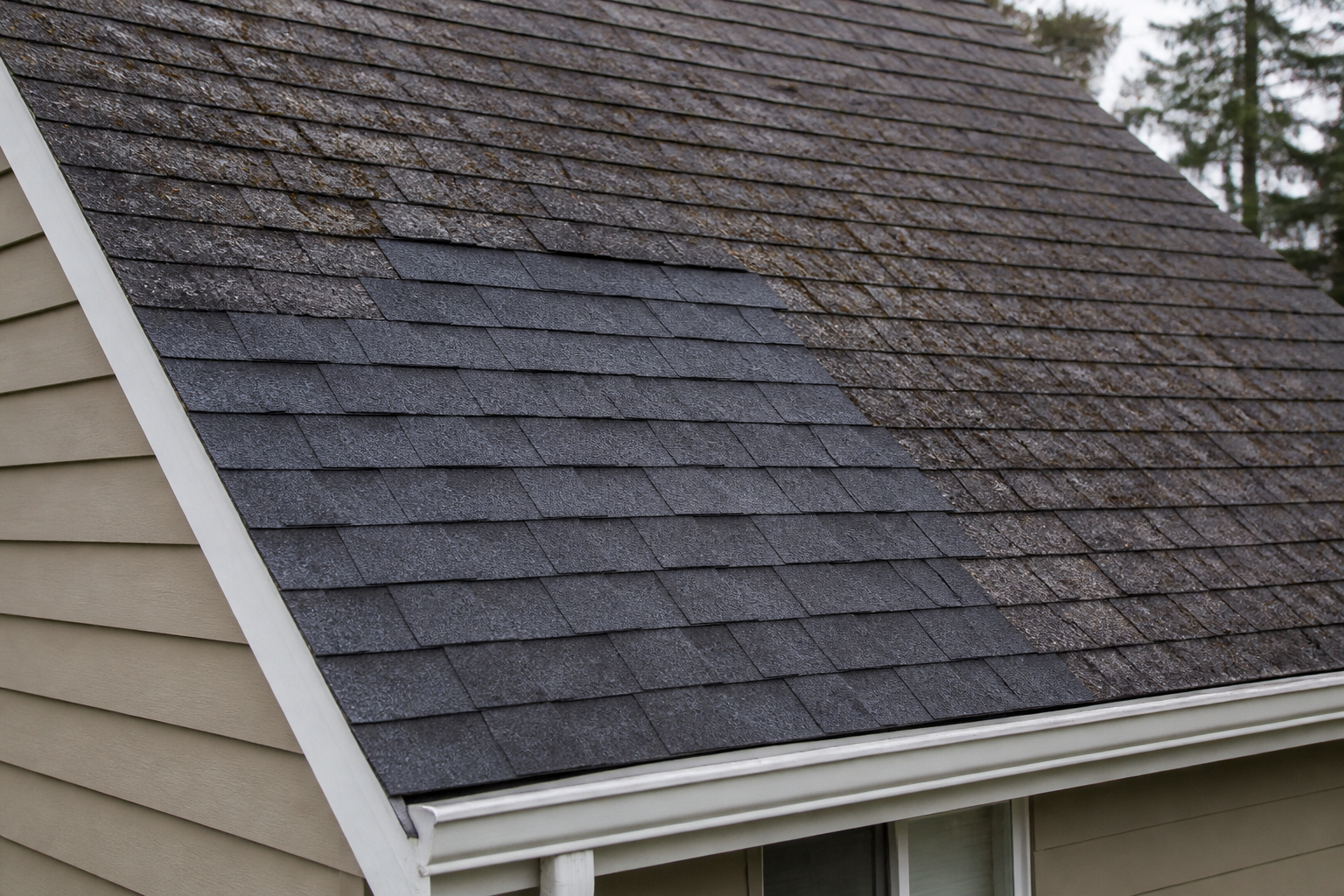 Localized new charcoal shingles patched into a weathered asphalt roof field near the eave