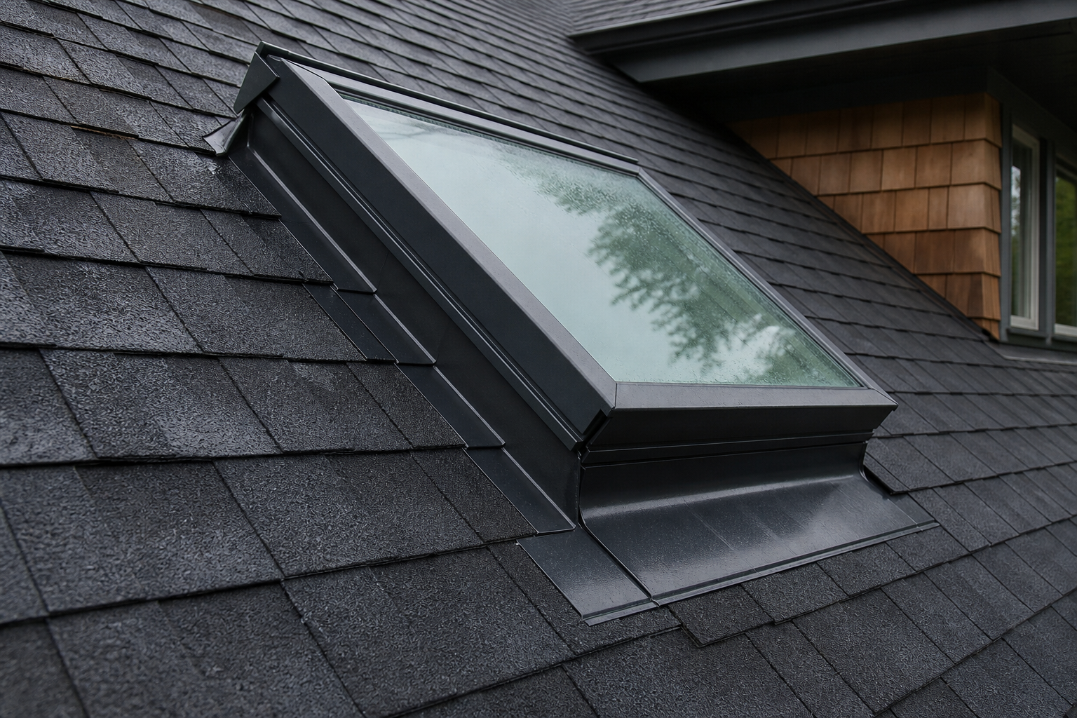 Skylight curb with metal step flashing woven into surrounding asphalt shingles