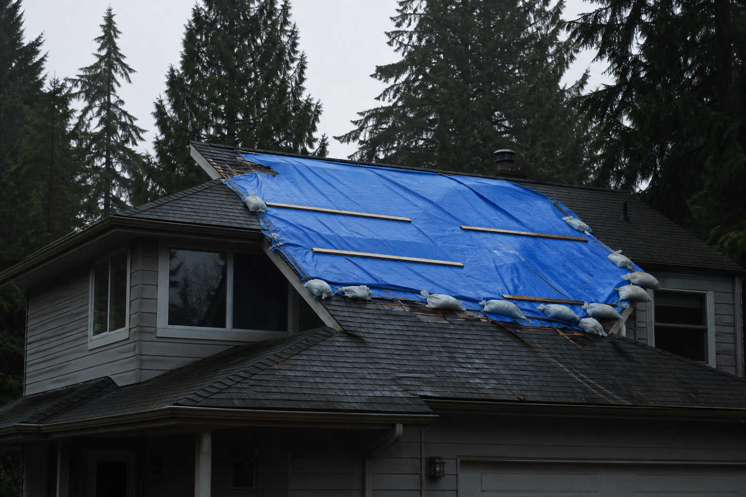 Blue emergency tarp secured with battens and sandbags over storm damage on a Port Moody roof