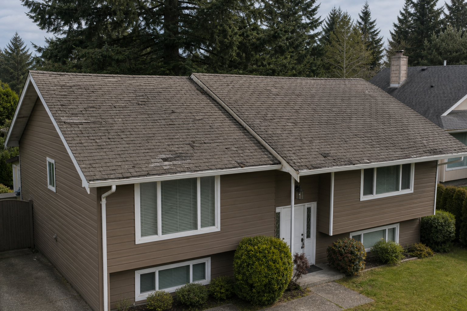 Alternate angle of the failure before work on a roofing scenario typical of Surrey split-level homes