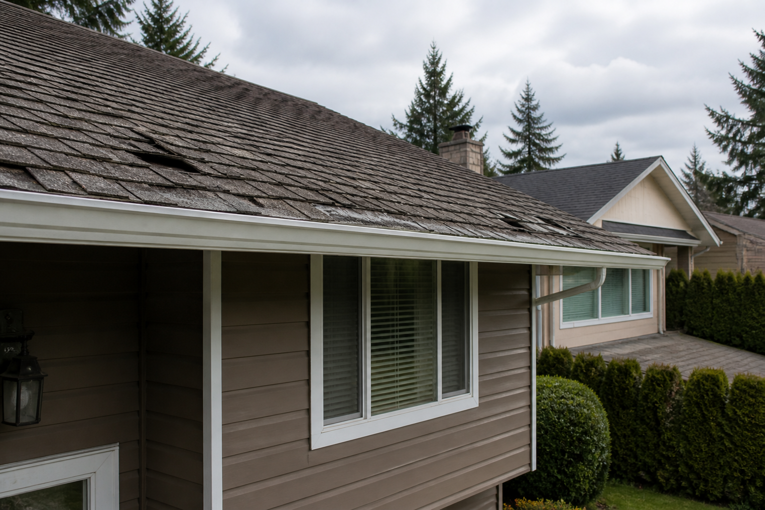 Eave, gutter, or secondary consequence detail before work on a roofing scenario typical of Surrey split-level homes