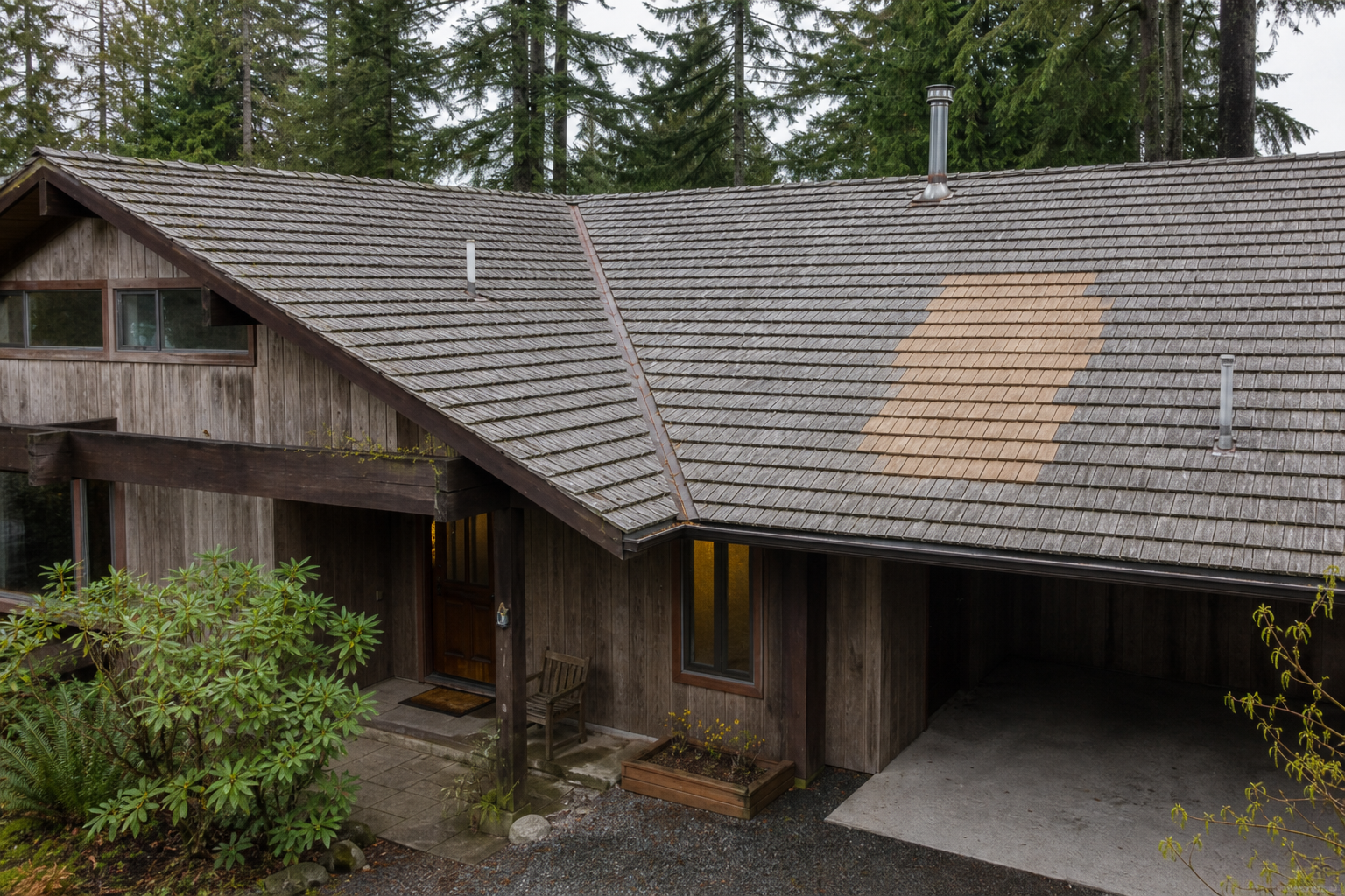 Matching technical detail after work on a roofing scenario typical of North Vancouver post-and-beam homes