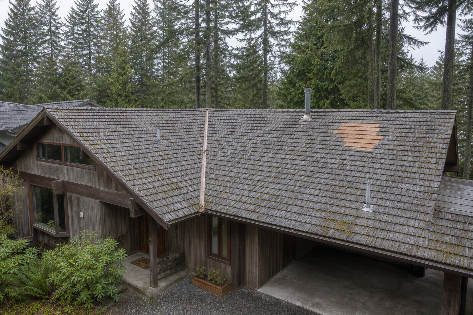 Matching alternate angle after work on a roofing scenario typical of North Vancouver post-and-beam homes