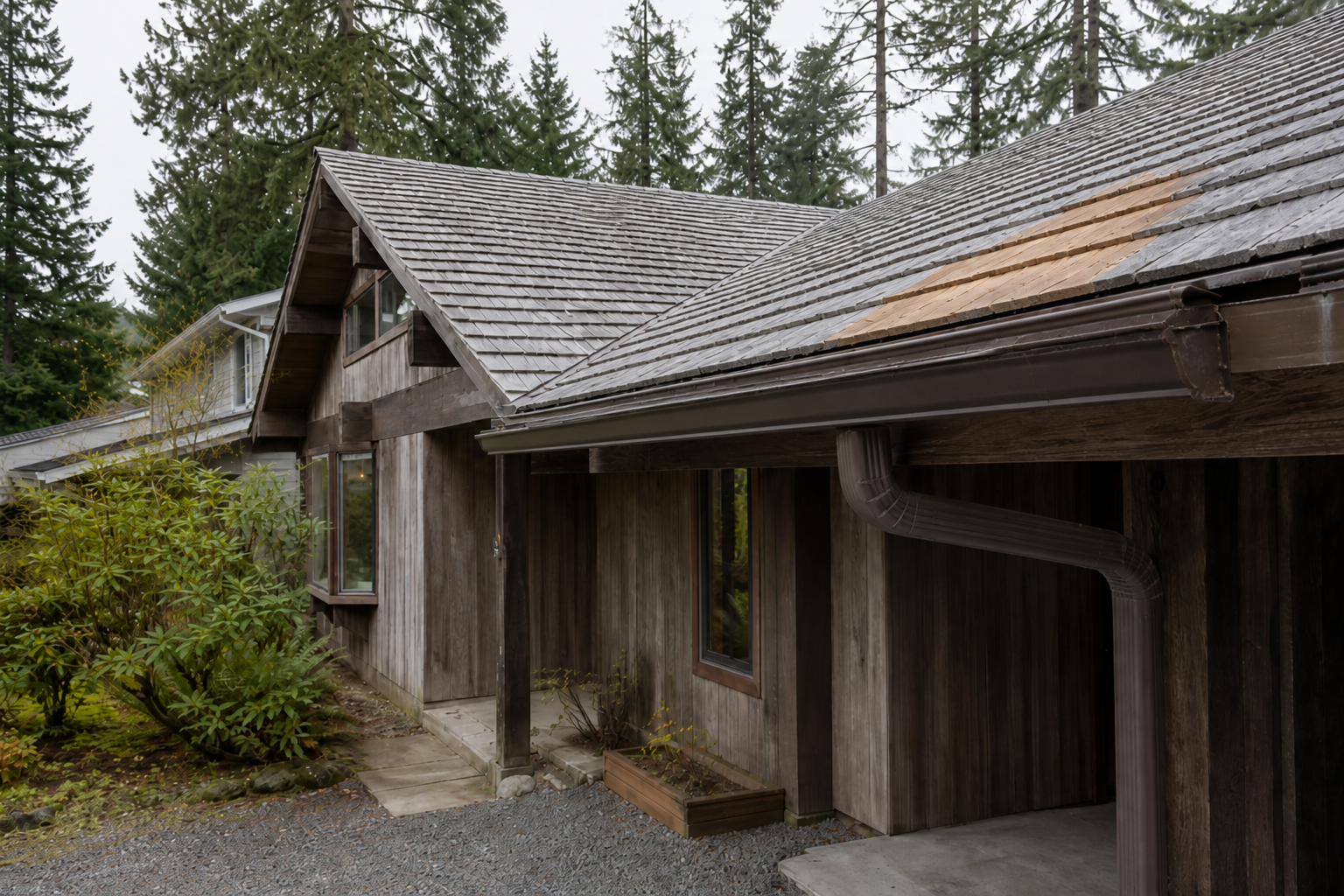 Matching eave or secondary detail after work on a roofing scenario typical of North Vancouver post-and-beam homes