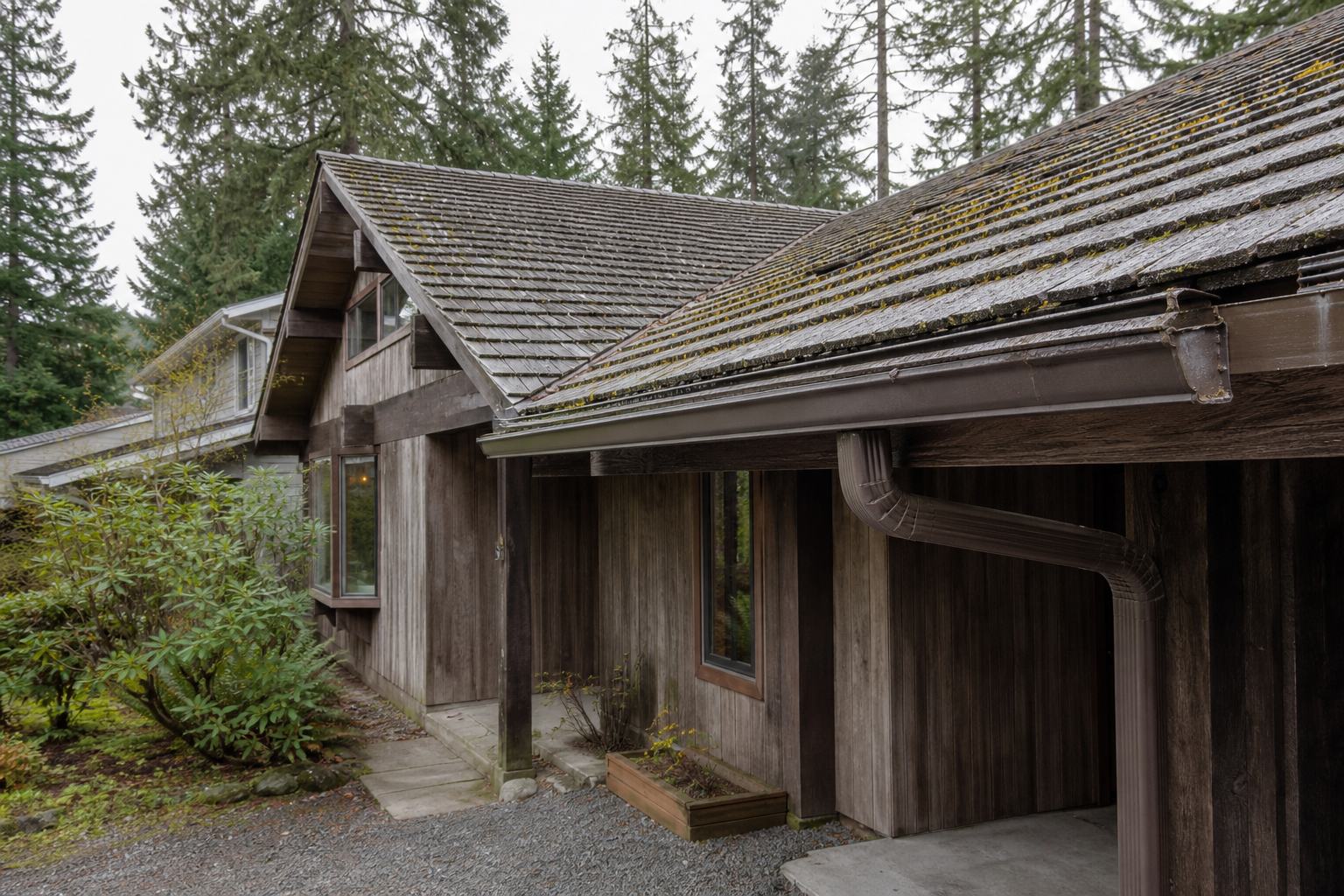 Eave, gutter, or secondary consequence detail before work on a roofing scenario typical of North Vancouver post-and-beam homes
