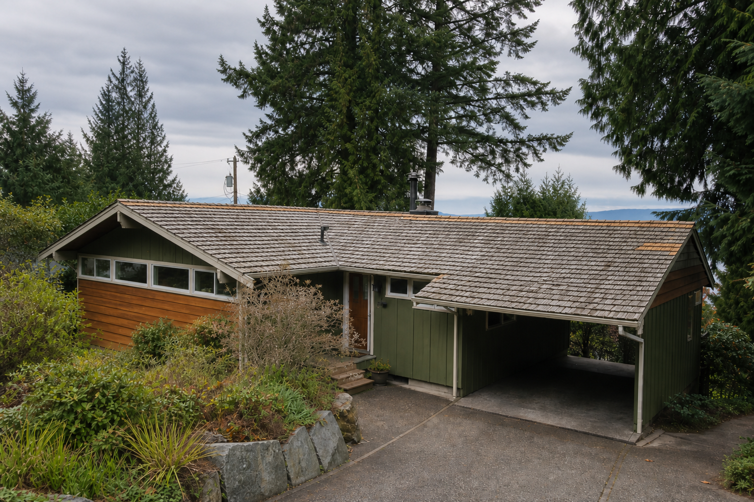 Establishing property view after work on a roofing scenario typical of West Vancouver mid-century homes