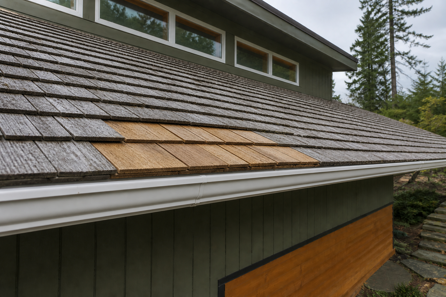 Matching repair or completion detail after work on a roofing scenario typical of West Vancouver mid-century homes