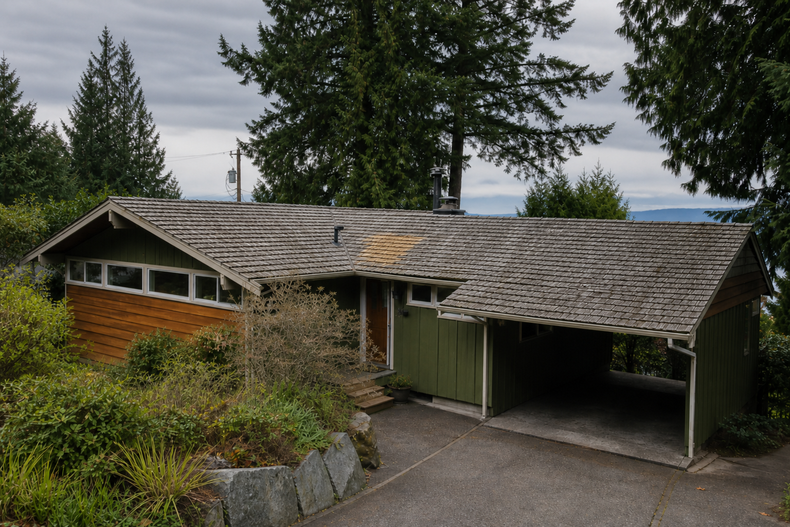 Matching alternate angle after work on a roofing scenario typical of West Vancouver mid-century homes
