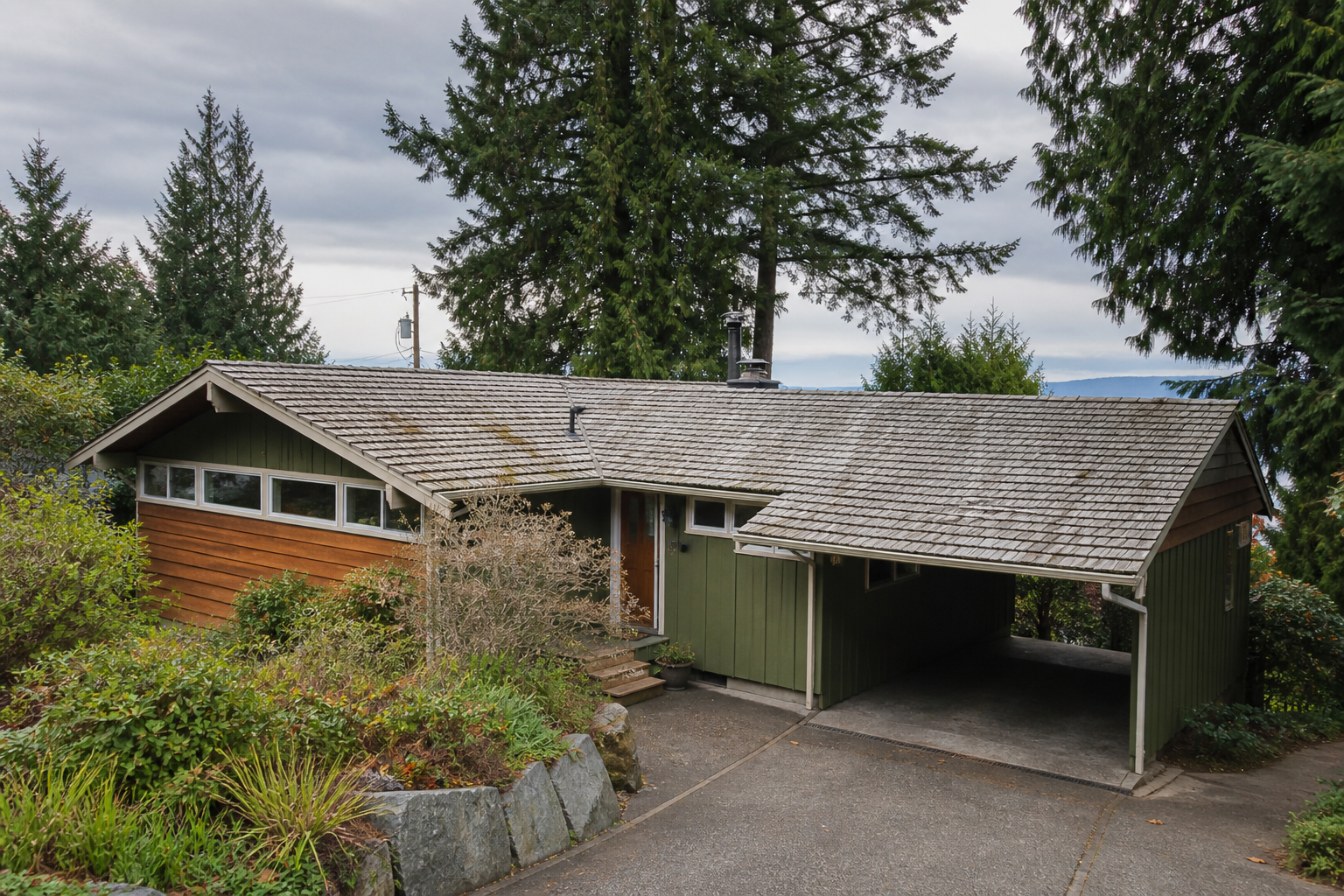 Establishing property view before work on a roofing scenario typical of West Vancouver mid-century homes