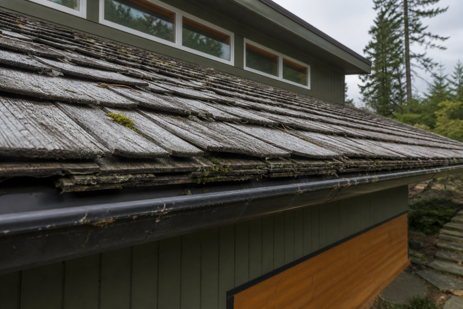 Primary problem-area detail before work on a roofing scenario typical of West Vancouver mid-century homes