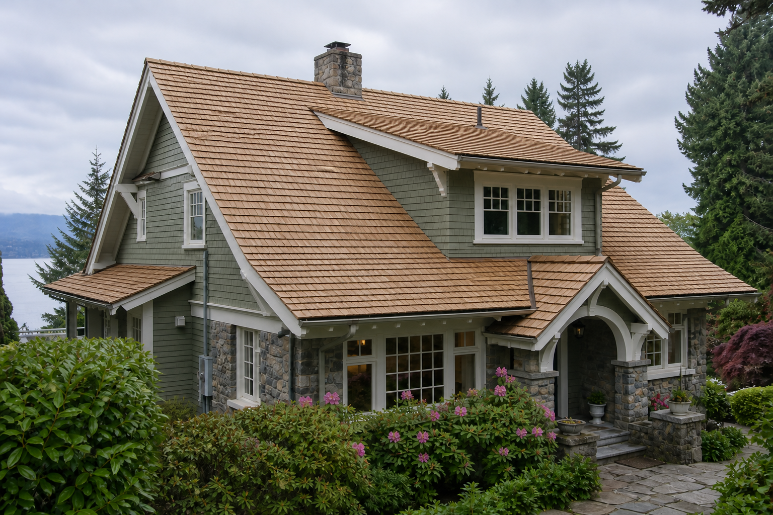 Establishing property view after work on a roofing scenario typical of West Vancouver craftsman homes
