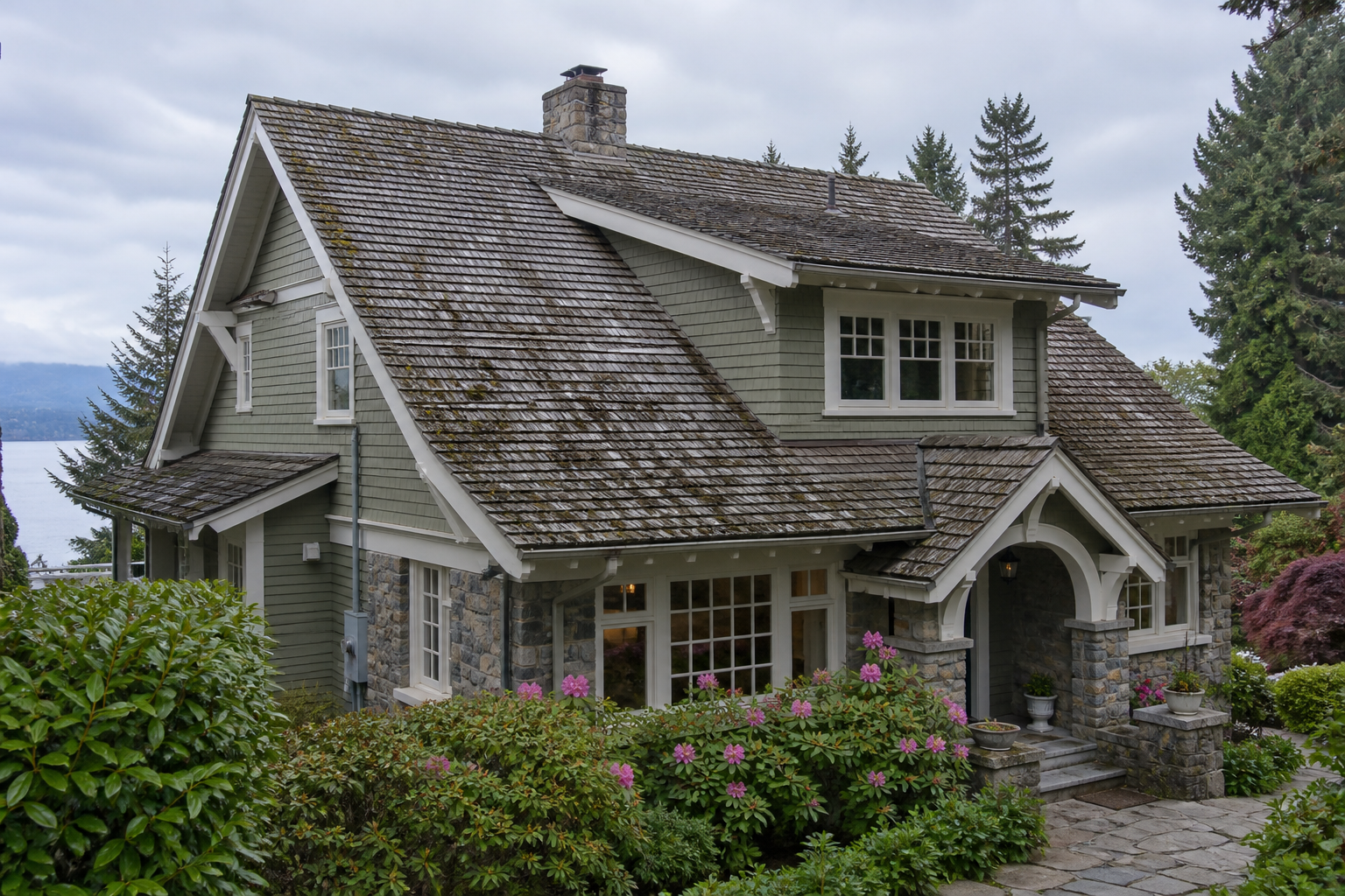 Establishing property view before work on a roofing scenario typical of West Vancouver craftsman homes