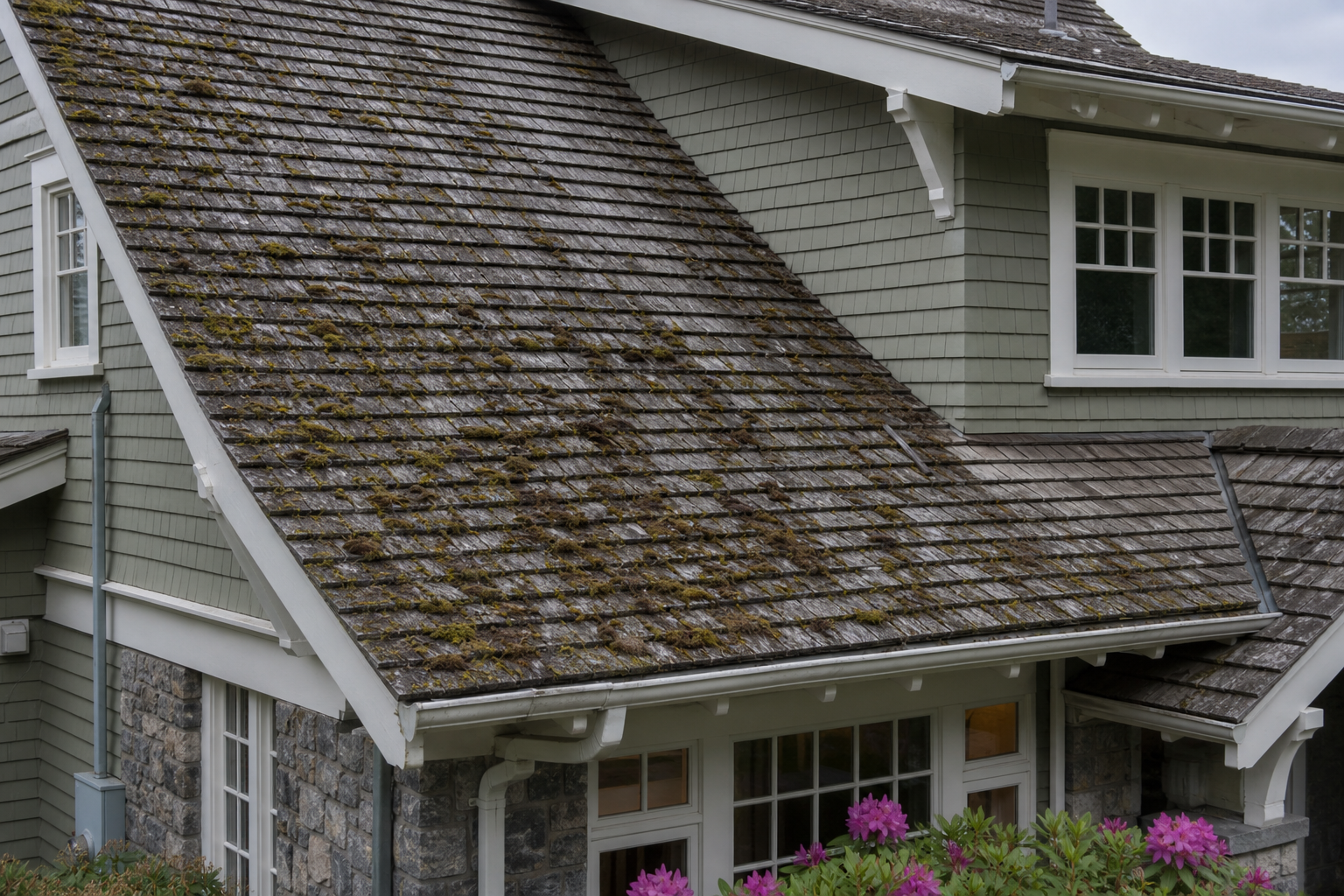 Tight technical failure detail before work on a roofing scenario typical of West Vancouver craftsman homes