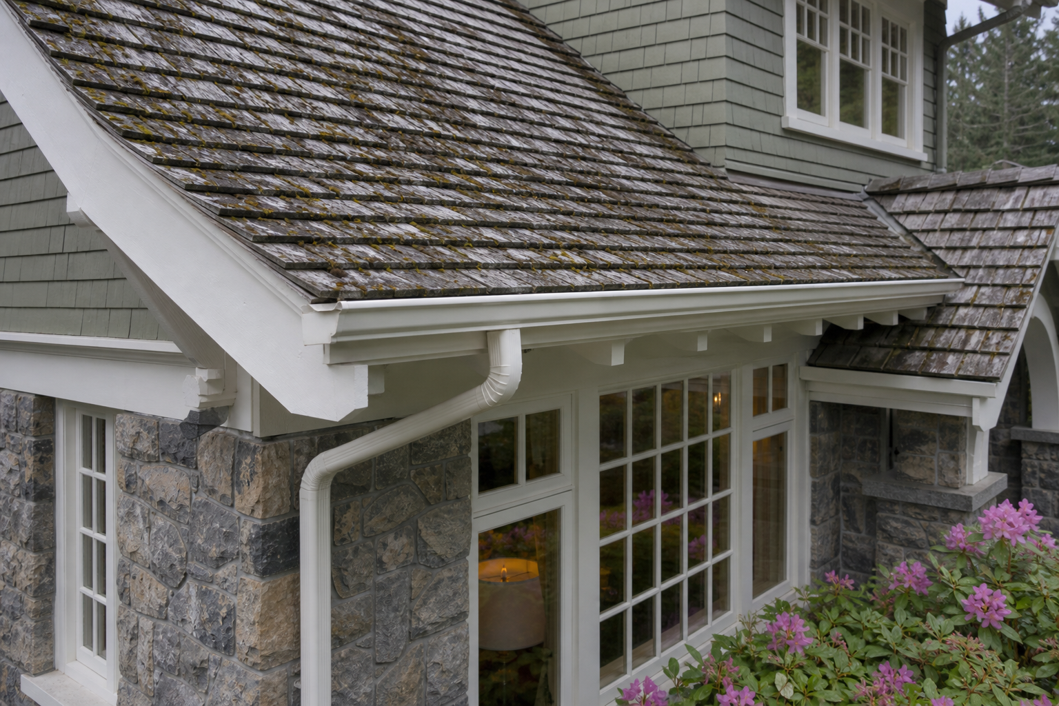 Eave, gutter, or secondary consequence detail before work on a roofing scenario typical of West Vancouver craftsman homes