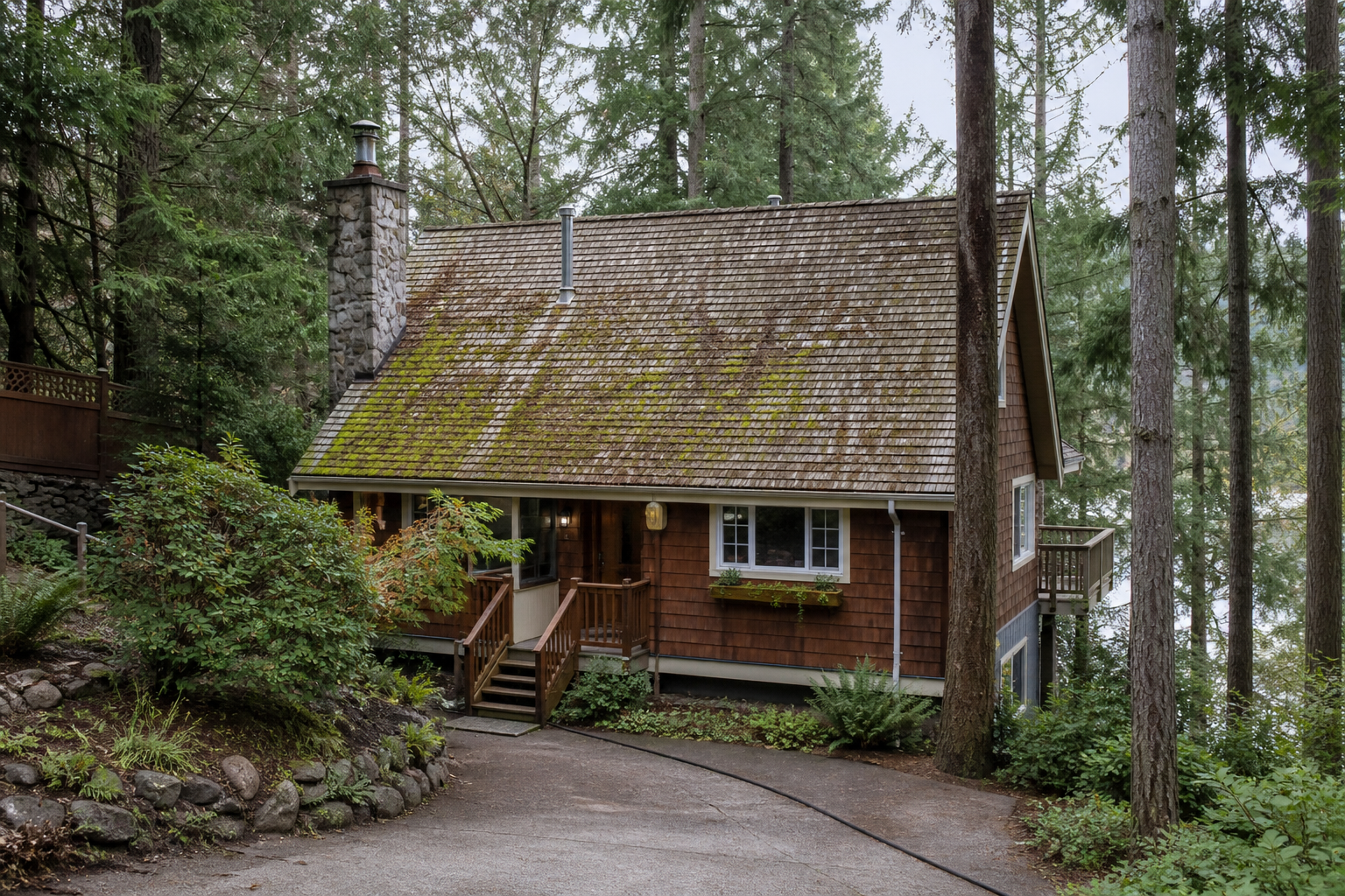 Establishing property view before work on a roofing scenario typical of North Vancouver Deep Cove cottages