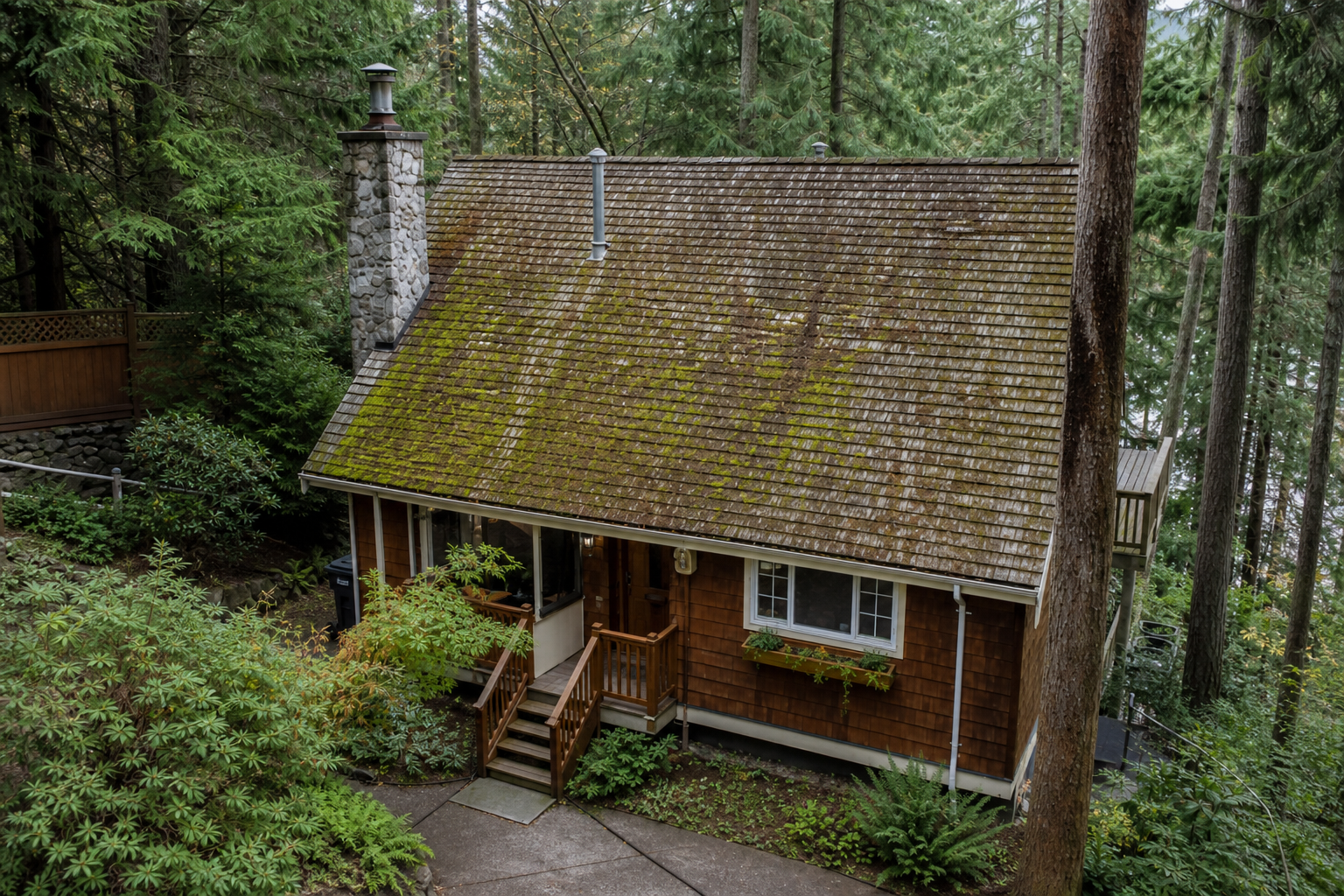 Alternate angle of the failure before work on a roofing scenario typical of North Vancouver Deep Cove cottages