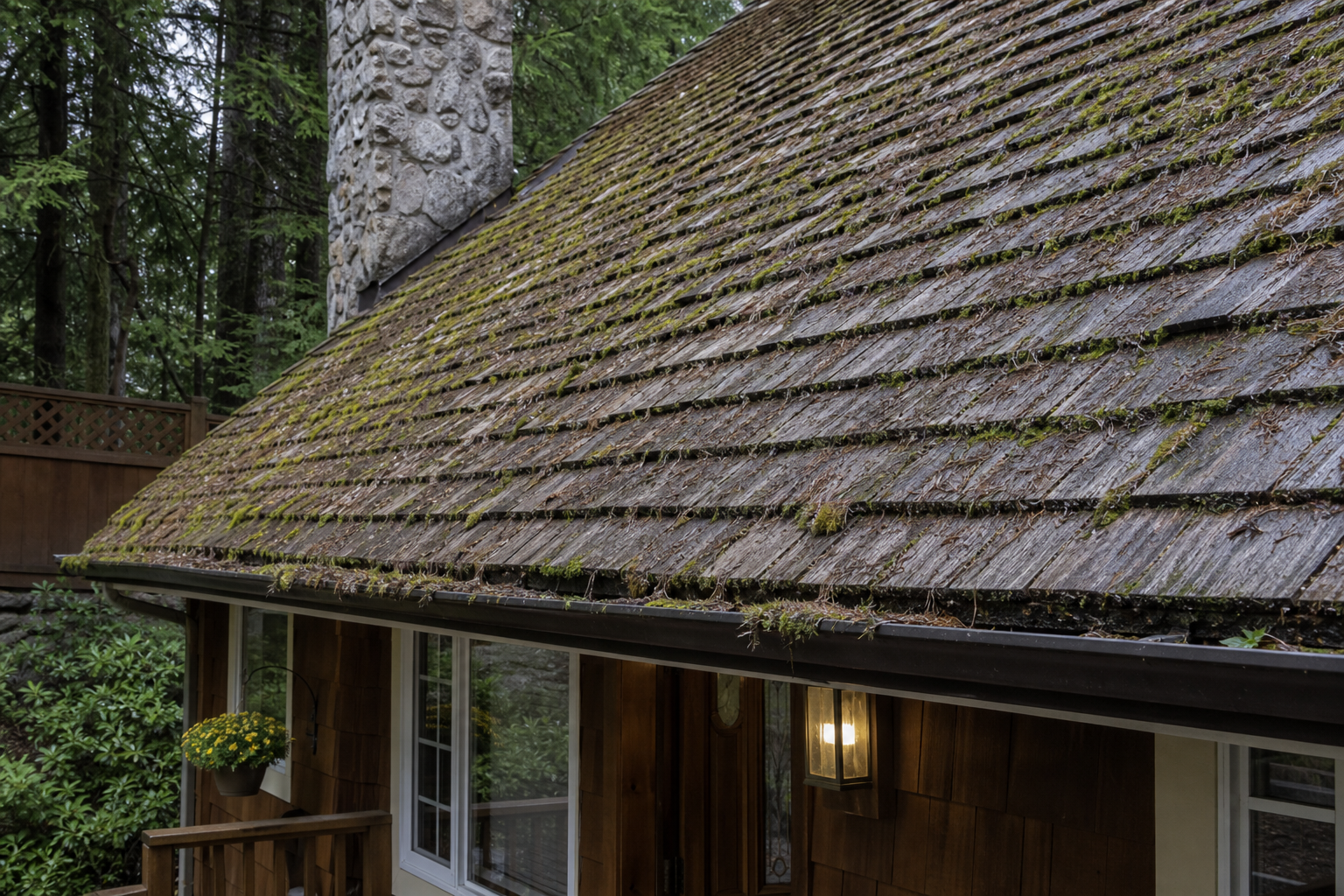 Eave, gutter, or secondary consequence detail before work on a roofing scenario typical of North Vancouver Deep Cove cottages
