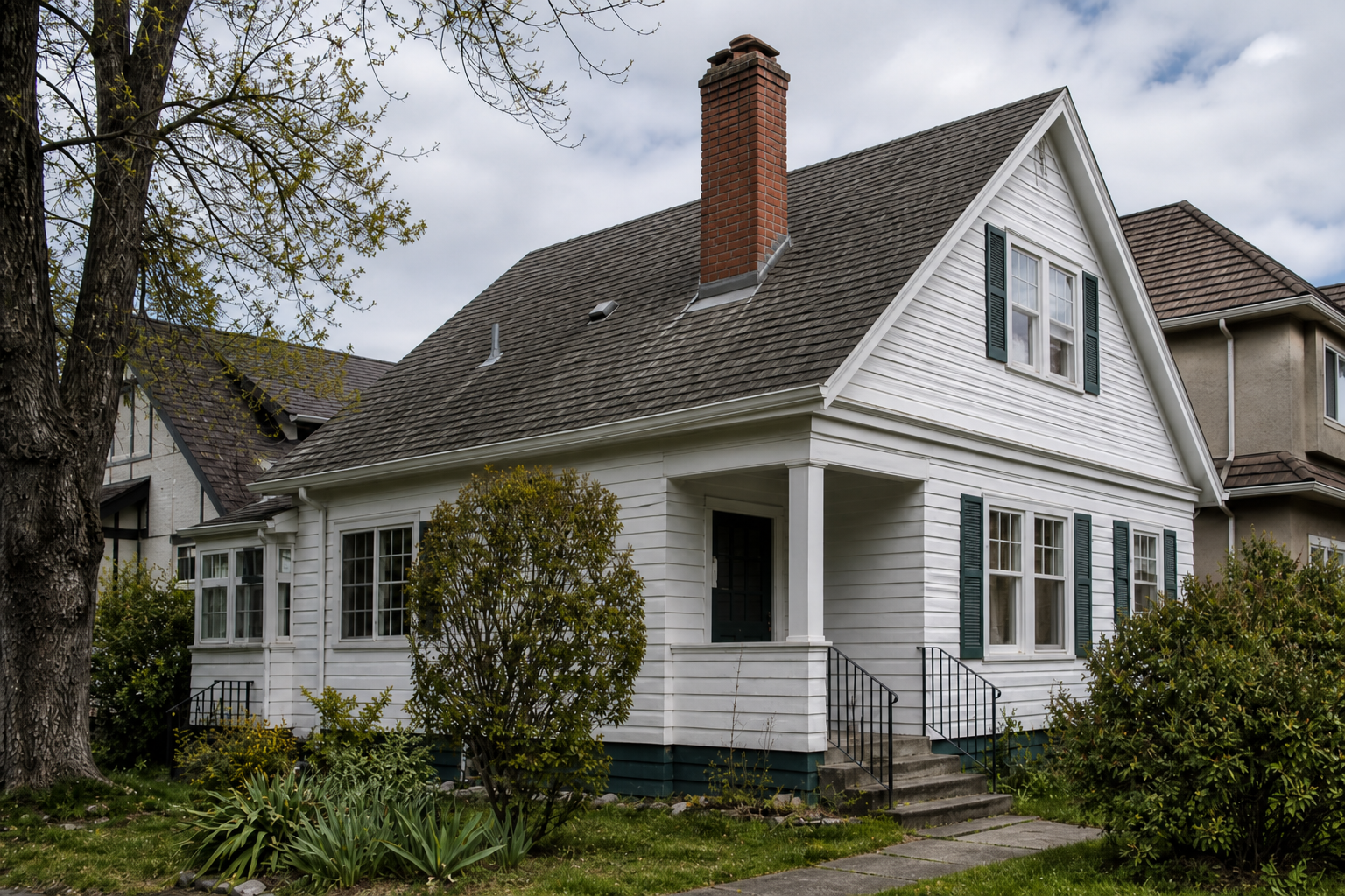 Establishing property view after work on a roofing scenario typical of New Westminster heritage bungalows