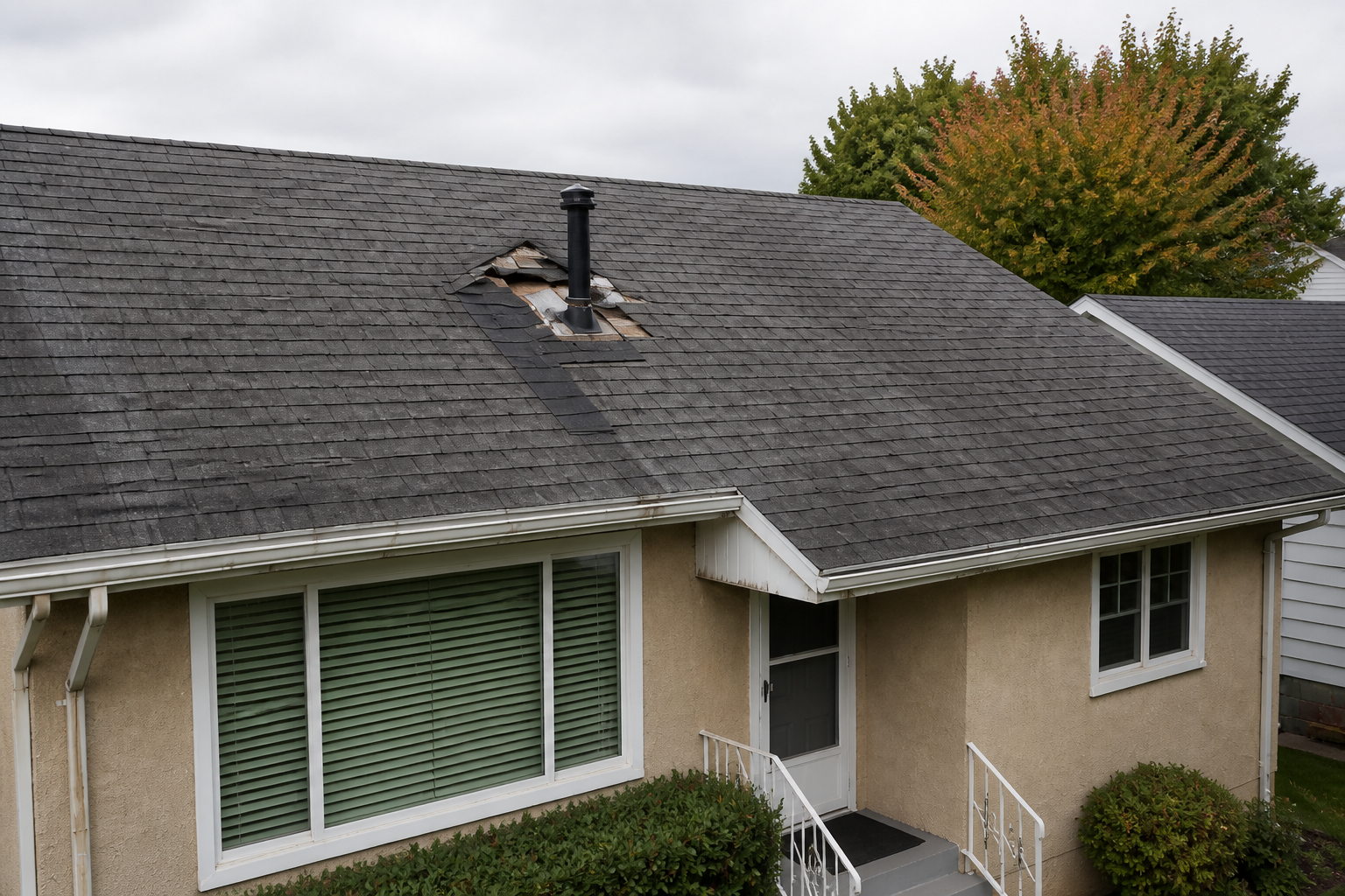 Alternate angle of the failure before work on a roofing scenario typical of East Vancouver bungalows