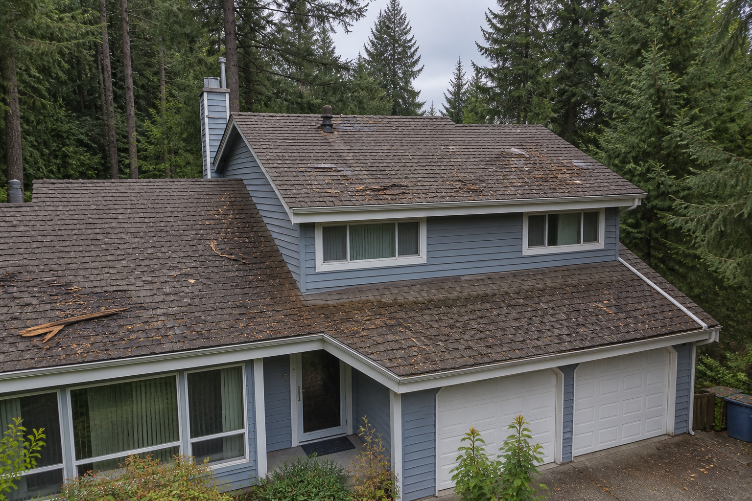 Alternate angle of the failure before work on a roofing scenario typical of North Vancouver two-storey homes