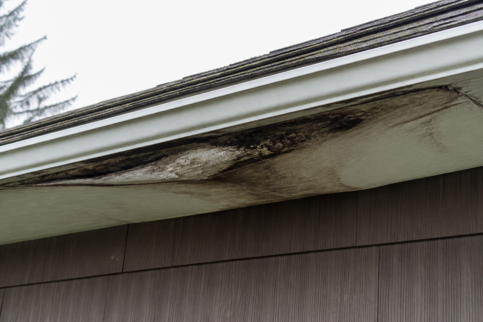 Alternate angle of the failure before work on a roofing scenario typical of Delta homes with carports