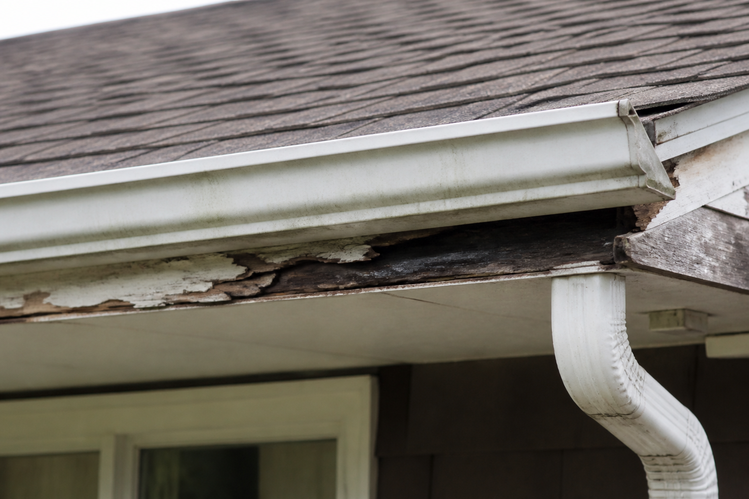 Eave, gutter, or secondary consequence detail before work on a roofing scenario typical of Delta homes with carports
