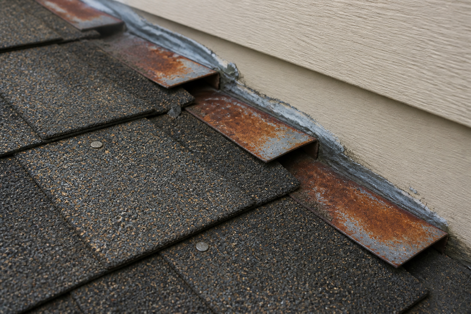 Alternate angle of the failure before work on a roofing scenario typical of Burnaby 1960s split-levels