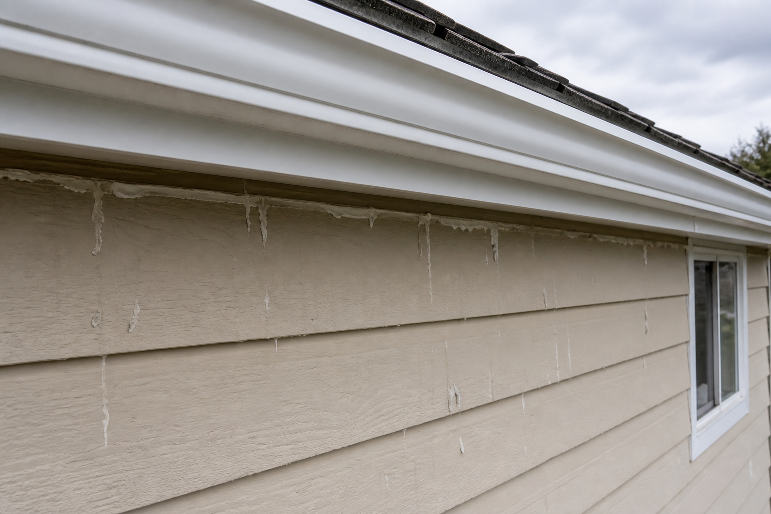 Eave, gutter, or secondary consequence detail before work on a roofing scenario typical of Burnaby 1960s split-levels