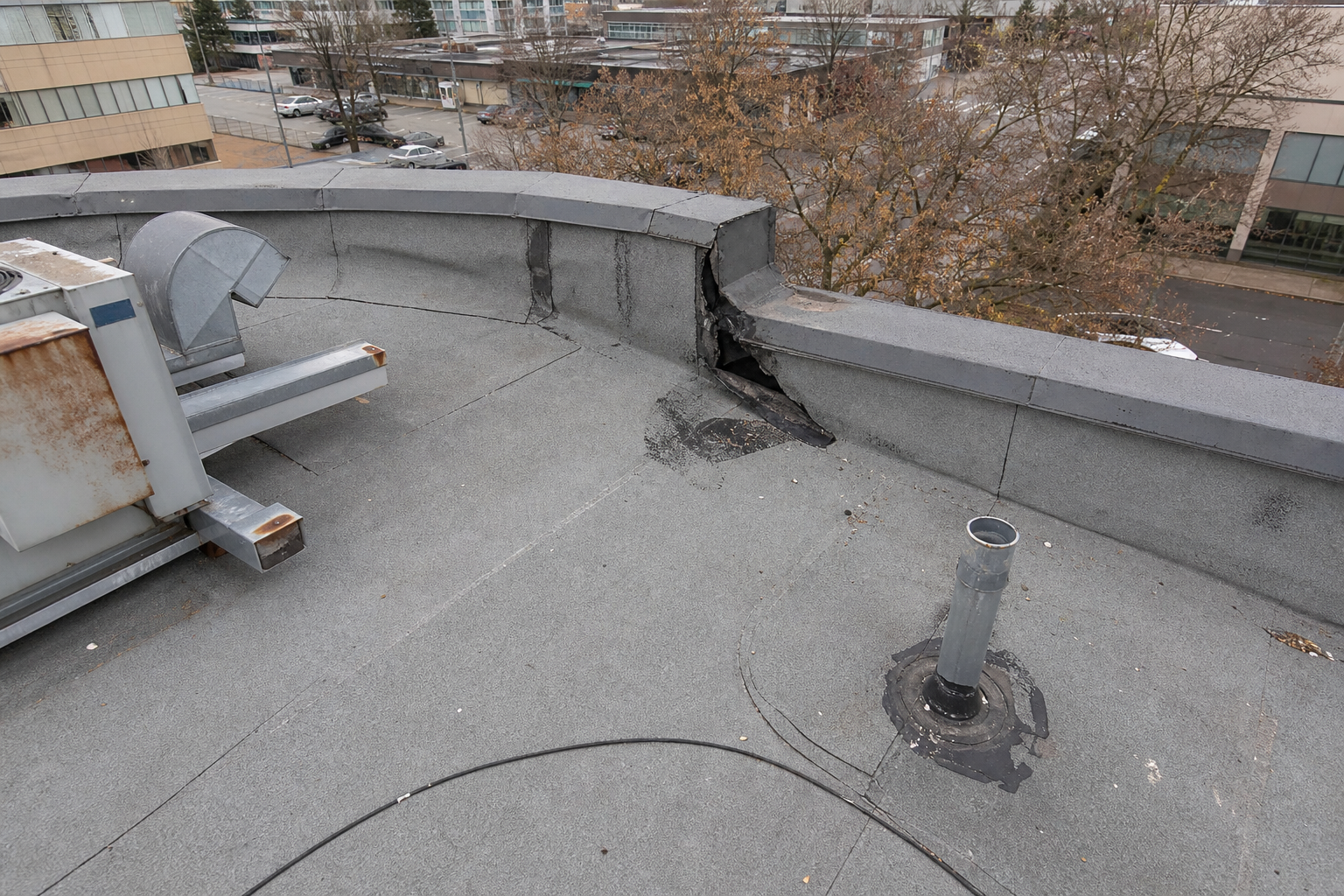 Establishing property view before work on a roofing scenario typical of Burnaby commercial/strata roofs
