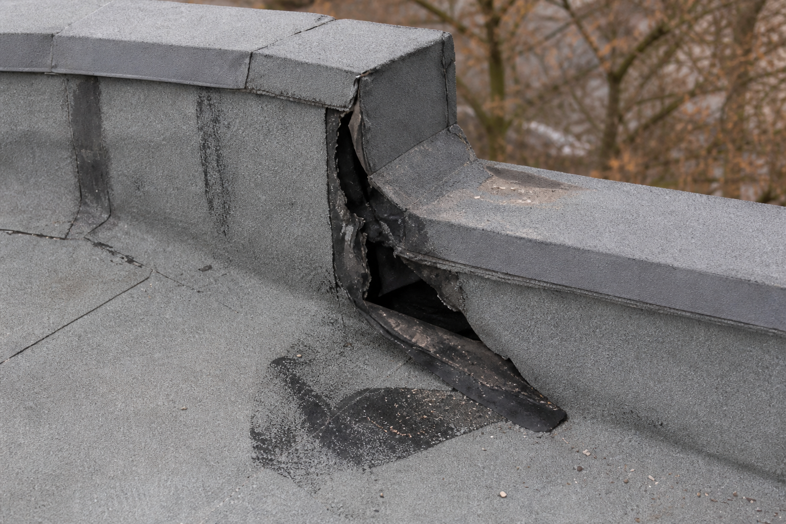Primary problem-area detail before work on a roofing scenario typical of Burnaby commercial/strata roofs