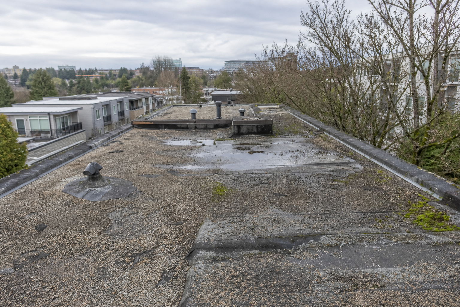 Eave, gutter, or secondary consequence detail before work on a roofing scenario typical of Vancouver Mount Pleasant duplexes