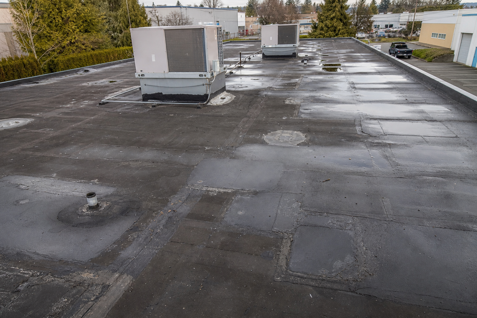 Establishing property view before work on a roofing scenario typical of Richmond small commercial buildings